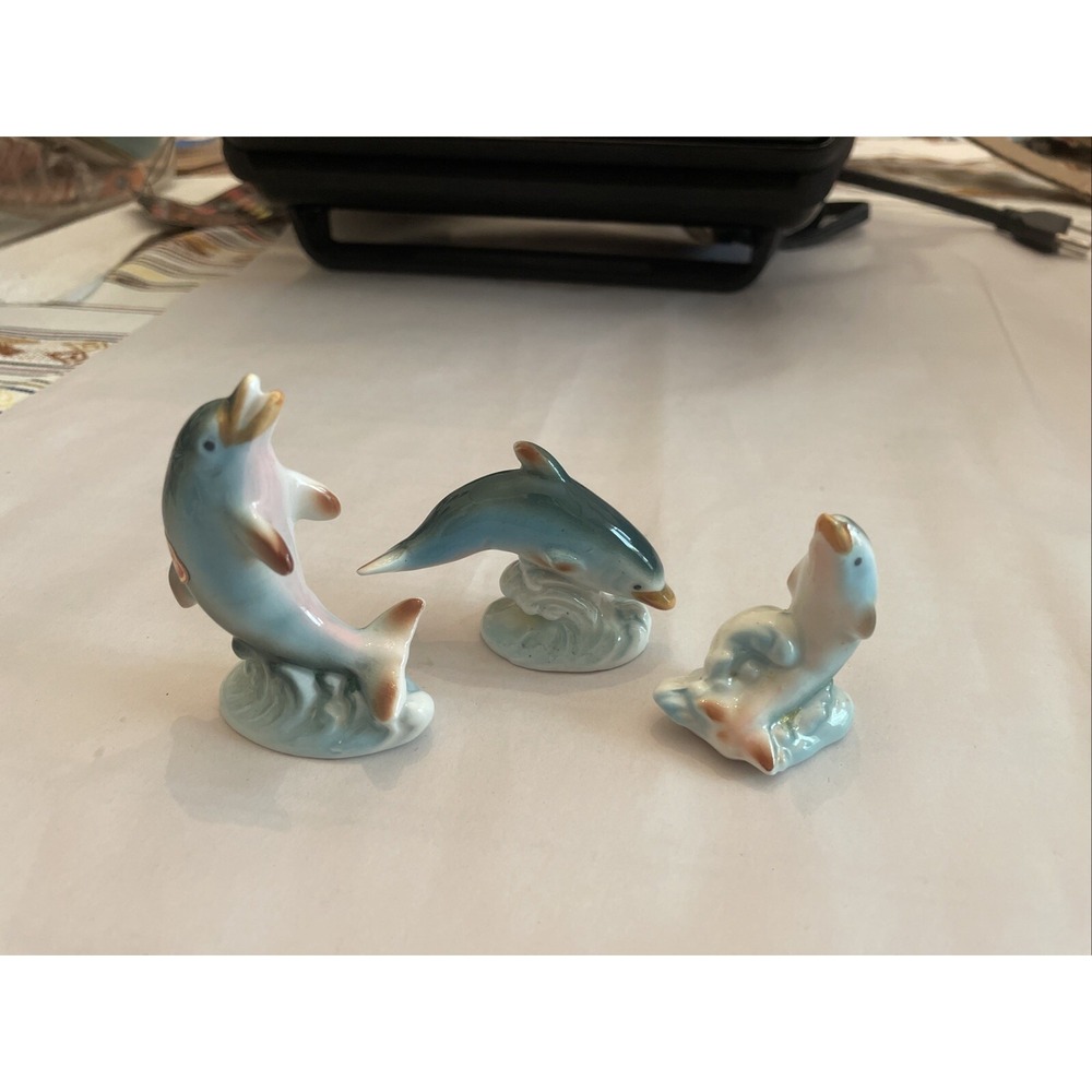 Vintage Bone China Japan Brilliant Set Of 3 Dolphins In Waves